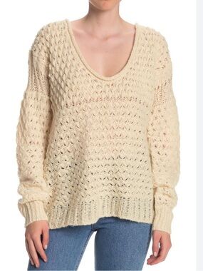 FREE PEOPLE CRASHING WAVES CHUNKY KNIT DEEP V PULLOVER SWEATER WOOL BLEND SZ MD